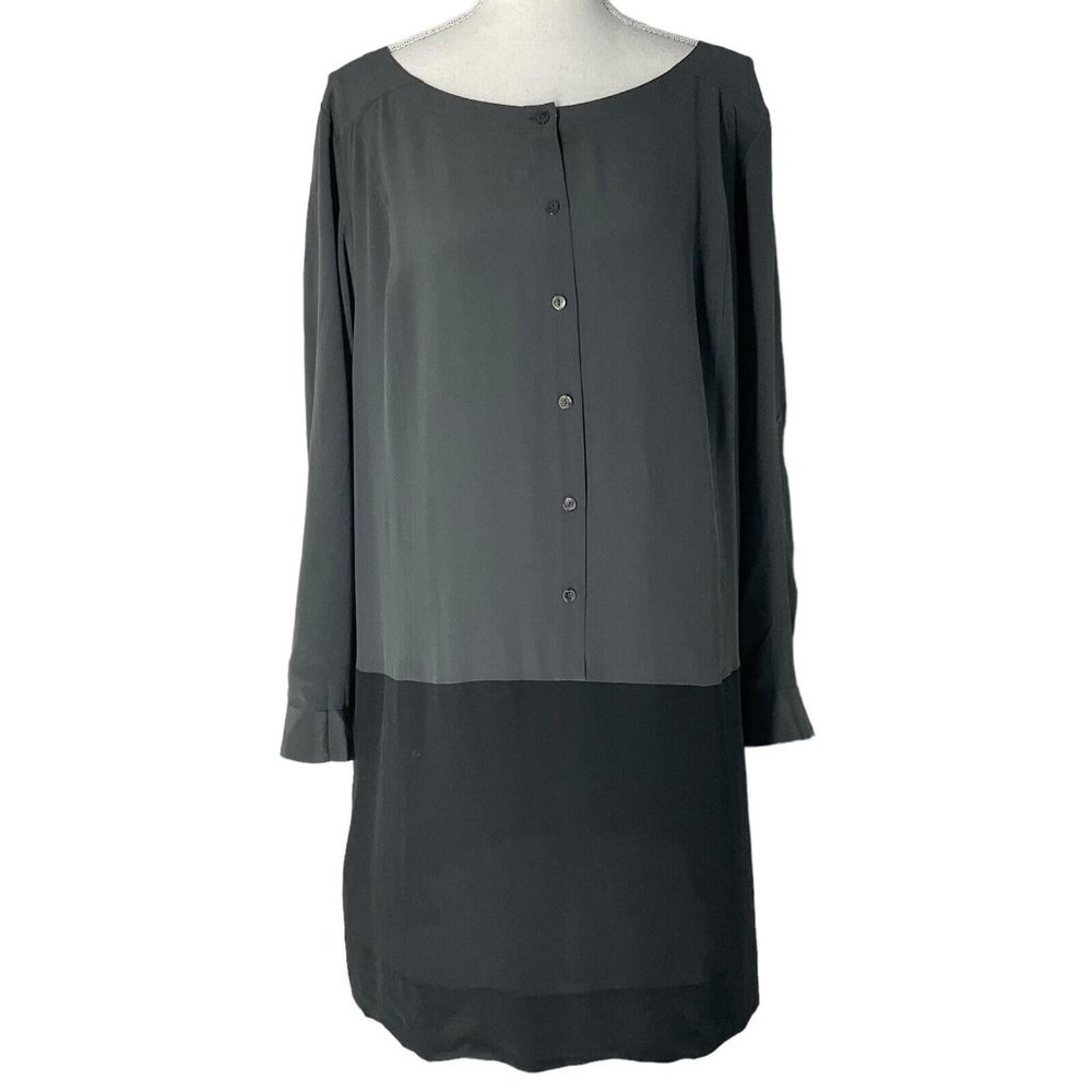 Eileen Fisher Women’s Gray Black Color Block Silk Long Sleeve Dress Pockets XL